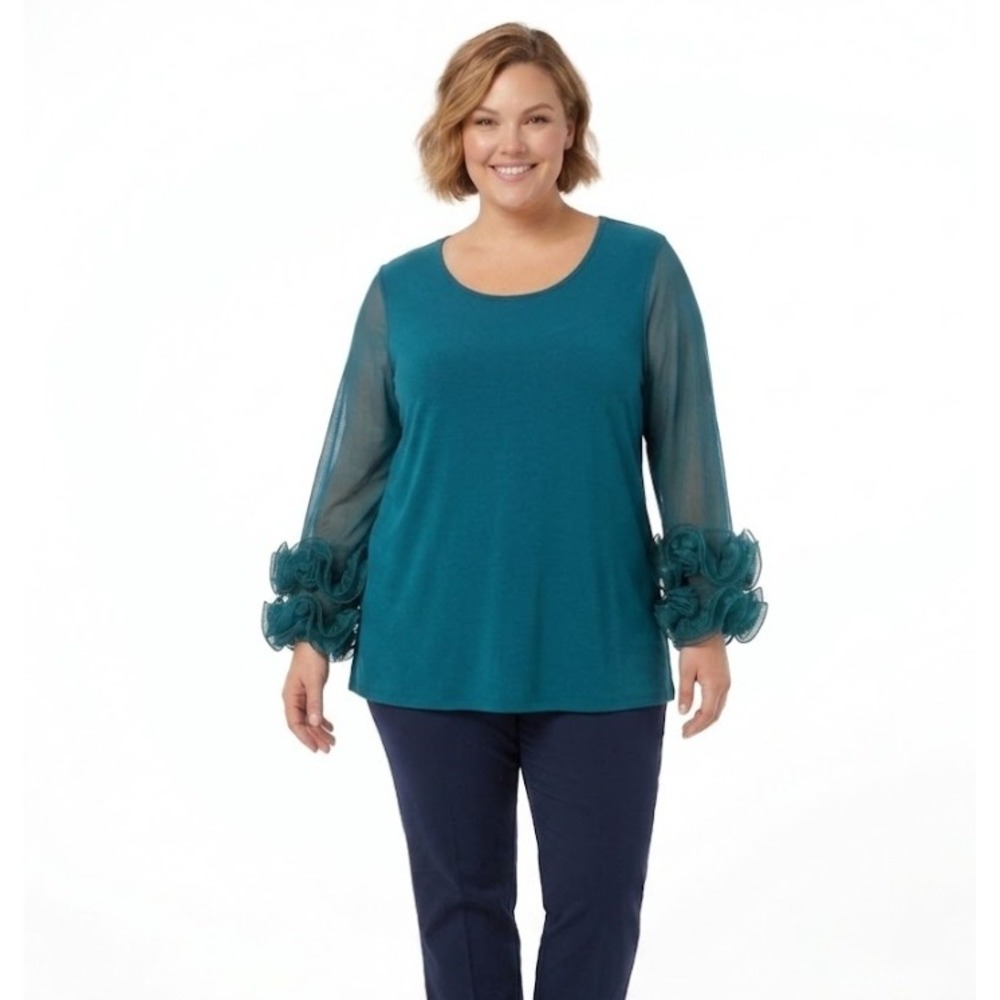 New Nina‎ Leonard 3X Blue Teal Stretch 3/4 Sleeve Mesh Ruffle Romantic Blouse